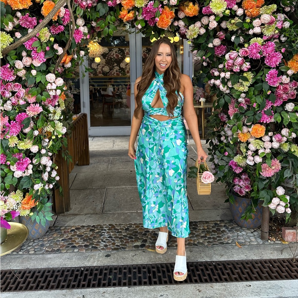 Two piece turquoise satin set